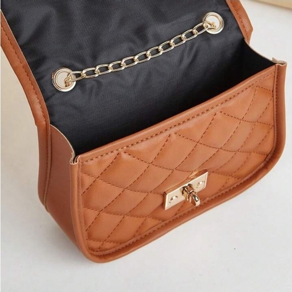 Tan Quilted Crossbody Bag with Chain Strap - Picture 4 of 6